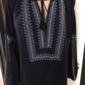 Joie Navy Blue Embroidered Long Sleeve Peasant Top